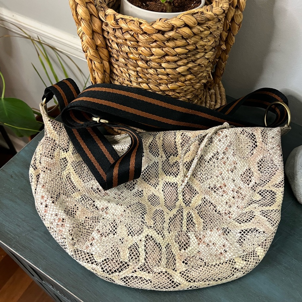 ANTHROPOLOGIE Snakeskin faux crossbody half moon shape bag